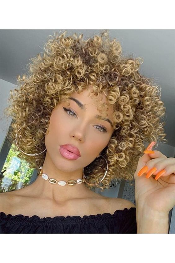 Naturally Curly Blonde Hair with Bangs hair style