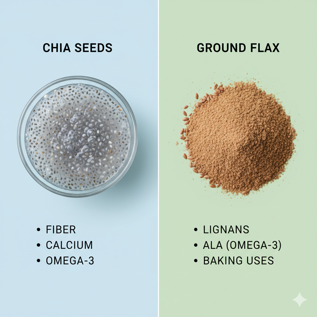 Chia seeds and flax seeds side by side on spoons