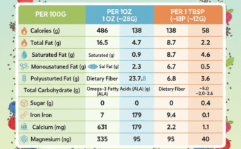 Chia Seeds Nutrition Facts Chart (Per 100g, 1 Tbsp & 1 oz)