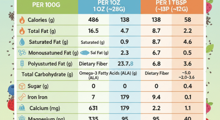 Chia Seeds Nutrition Facts Chart (Per 100g, 1 Tbsp & 1 oz)