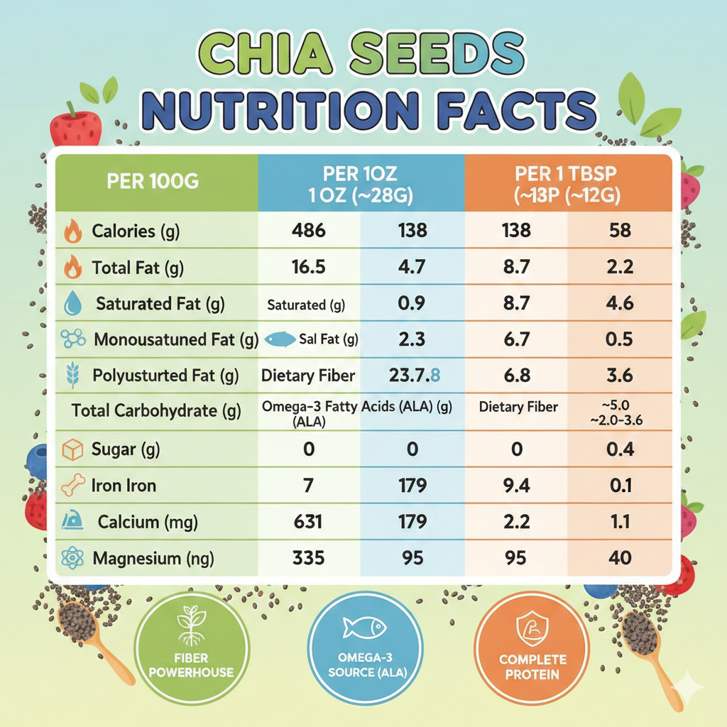 Chia Seeds Nutrition Facts Chart (Per 100g, 1 Tbsp & 1 oz)